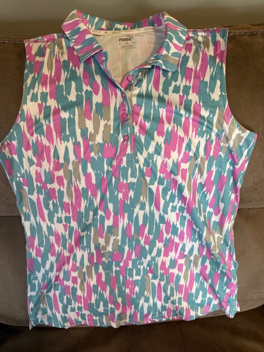 Puma Sleeveless Polo Tank in Teal, Pink & White Brushstroke Print
